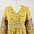 2020 Printed High Waist Dress Long Sleeve Yellow Boho Dresses For Women